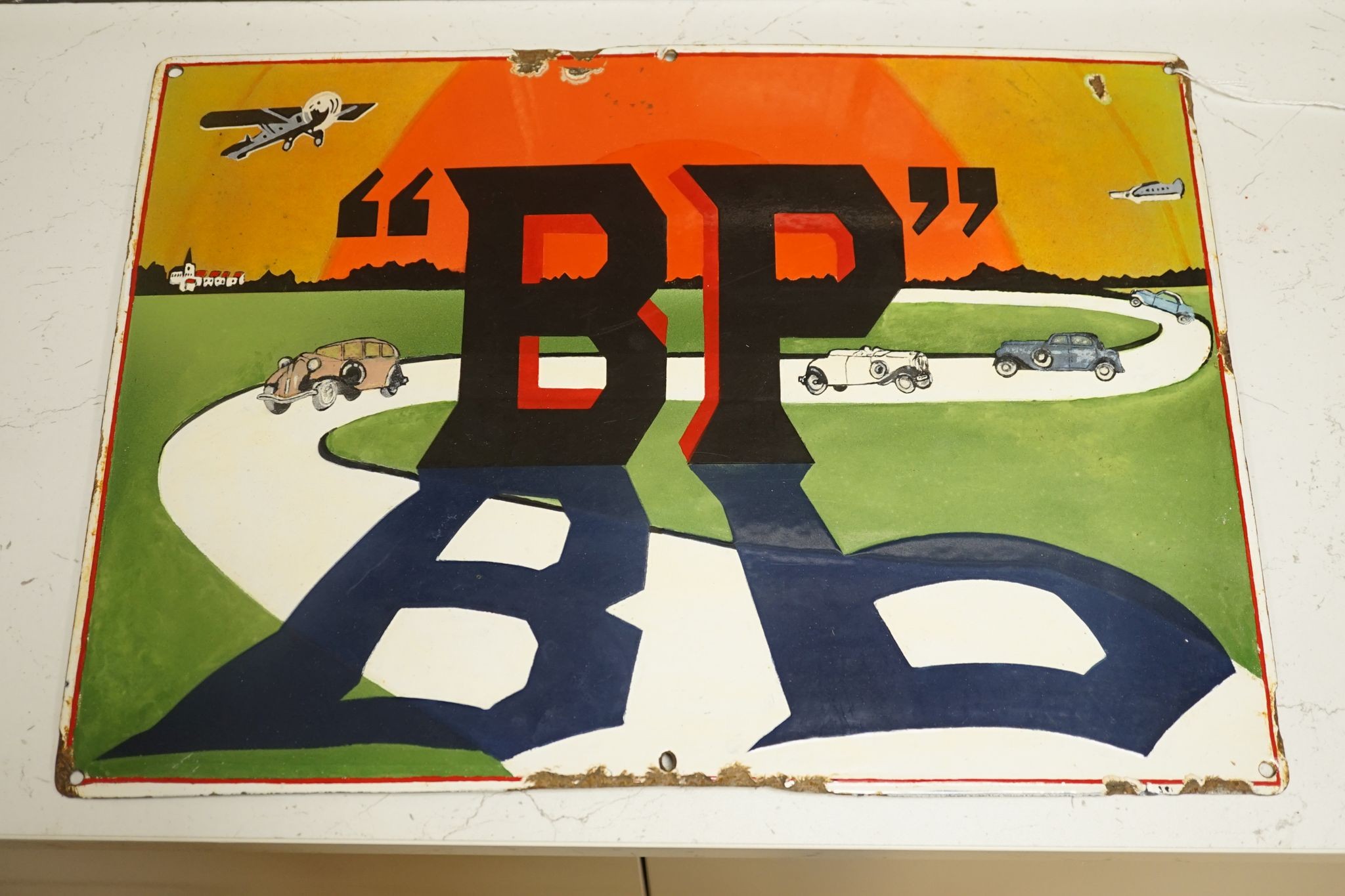 A BP roadway sign, 43 cms wide x 31 cms high.